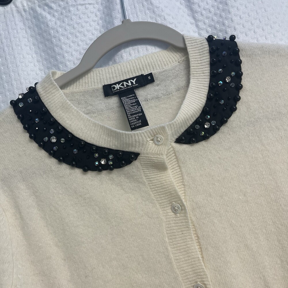 DKNY Wool Cashmere Blend Ivory Cardigan W/‎ Black Bead Rhinestone Collar Trim